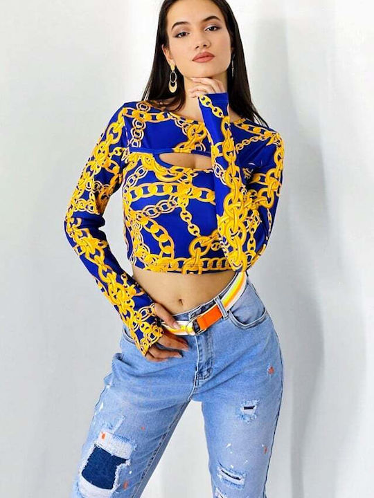 Damen Sommer Crop Top Langarm Blue