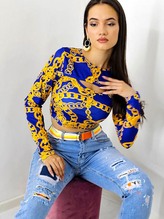 Damen Sommer Crop Top Langarm Blue