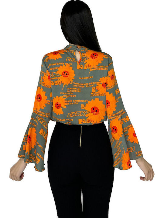 Bluza Damă De Vară Mânecă Lungă Cu Decolteu Tip Zâmbet Floral Portocaliu