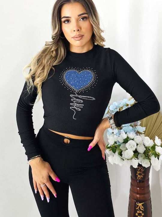 Bluza Damă Crop Top Bumbac Mânecă Lungă Cu Dungi Neagră