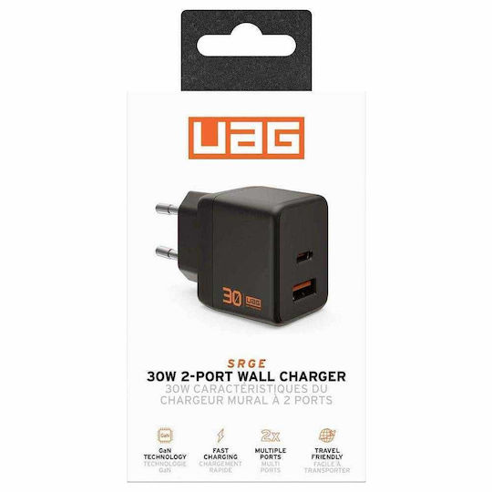 UAG Charger Without Cable GaN with USB-A Port and USB-C Port 30W Power Delivery Black/Orange (SRGE)