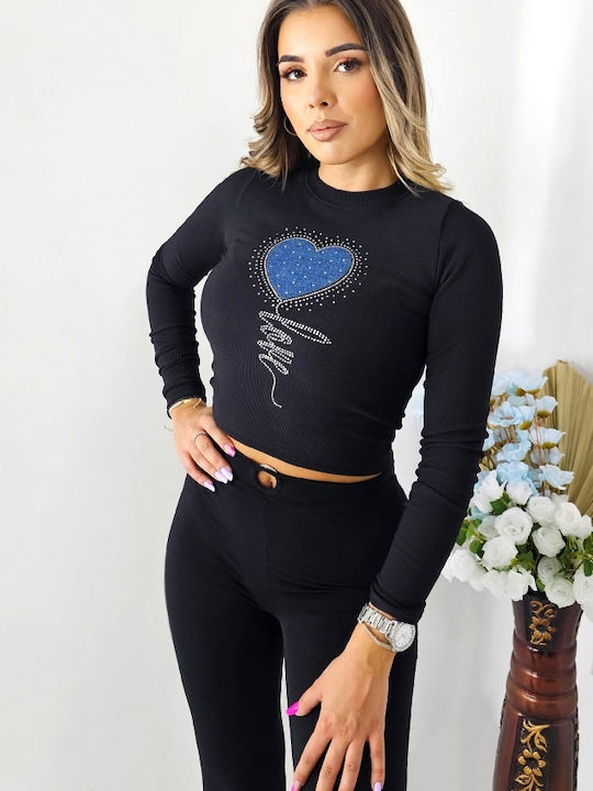 Bluza Damă Crop Top Bumbac Mânecă Lungă Cu Dungi Neagră