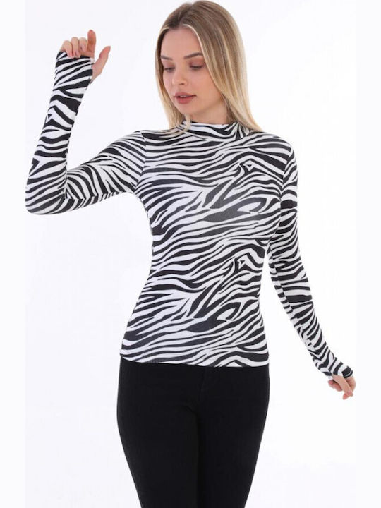 Bluza Damă Mânecă Lungă Crop Pulover Bumbac Cu Guler Înalt Animal Print Zebra