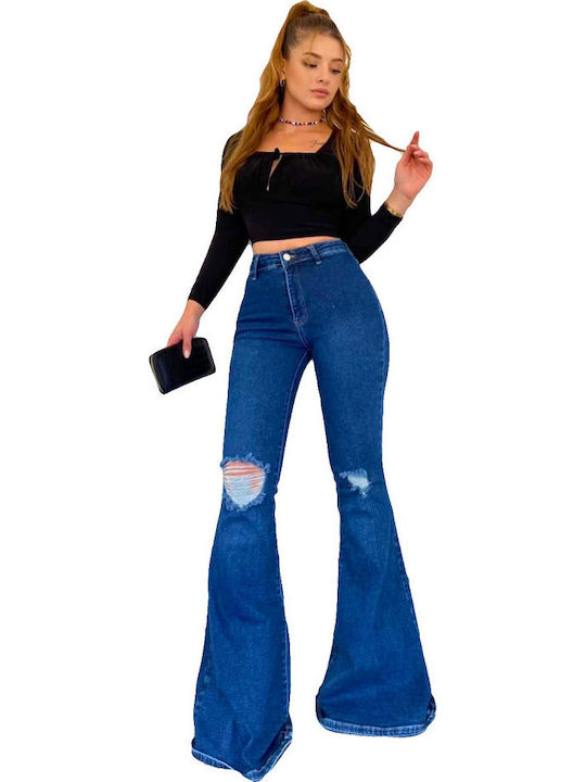 Hoch tailliert Damenjeans Schlaghose in Entspannter Passform Blue