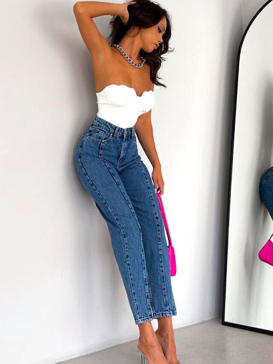 Talie înaltă Blugi de damă cu croială boyfriend Blue