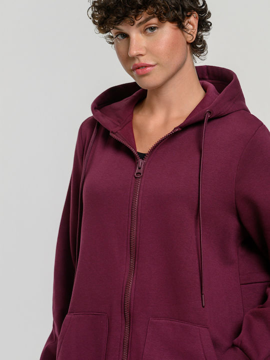 Μακριά Fleece Γυναικεία Ζακέτα με Φερμουάρ σε Μπορντό Χρώμα
