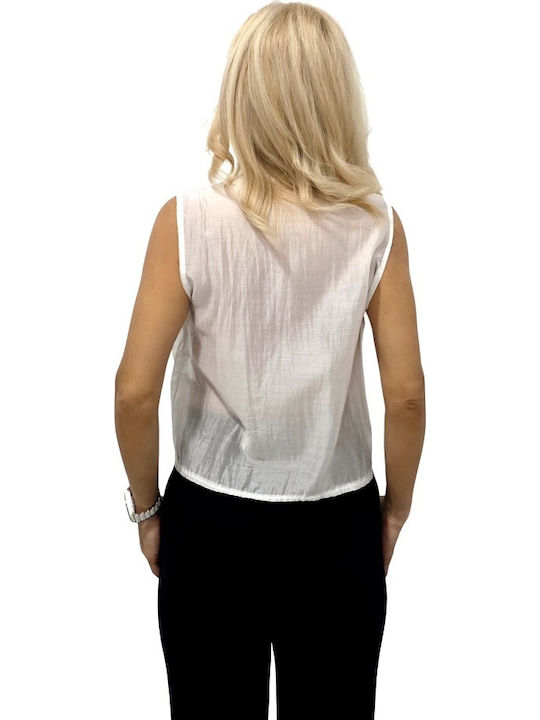 Ärmellos Damen Denim Hemd White Druck
