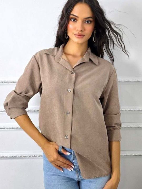 Langärmelig Damen Hemd Beige Monochrom