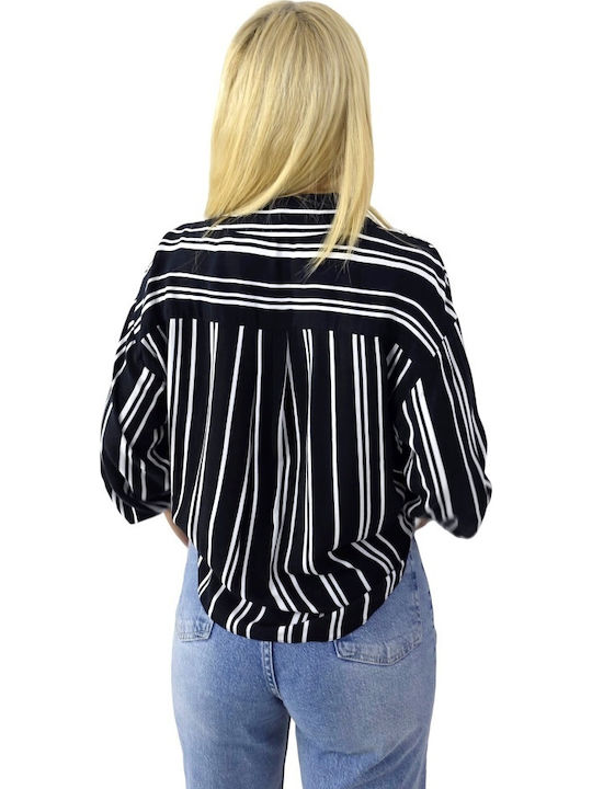 Langärmelig Damen Hemd Black/white Gestreift