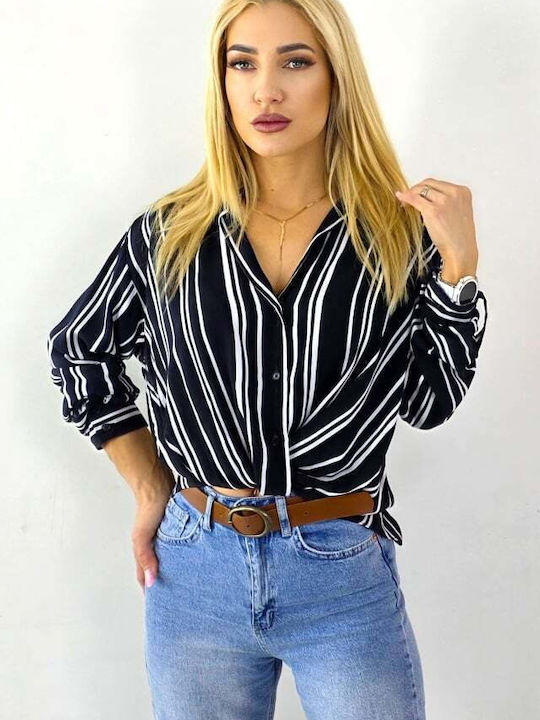 Langärmelig Damen Hemd Black/white Gestreift