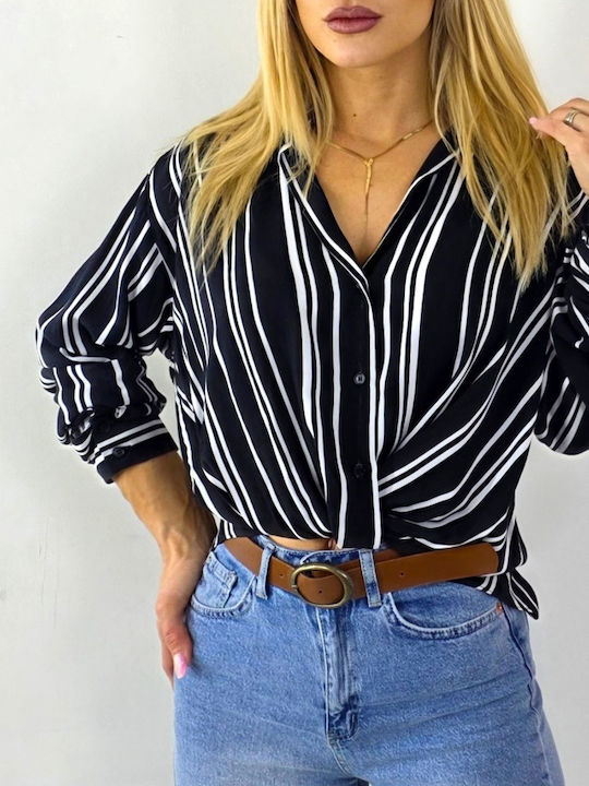 Langärmelig Damen Hemd Black/white Gestreift