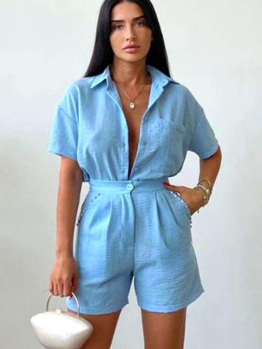 Γυναικείο Σετ με Τζιν Ψηλόμεσο Σορτς Light Blue