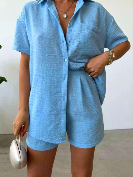 Γυναικείο Σετ με Τζιν Ψηλόμεσο Σορτς Light Blue