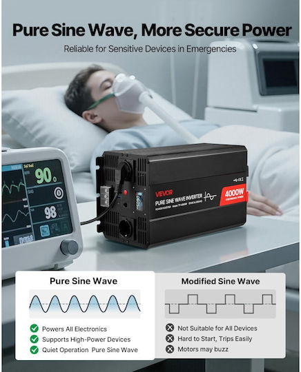 Vevor Inverter Αυτοκινήτου Καθαρού Ημιτόνου 4000W για Μετατροπή 12V DC σε 230V AC