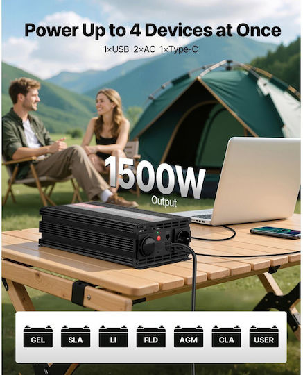 Vevor Car Inverter Pure Sinewave 1500W to Converter 12V DC in 230V AC