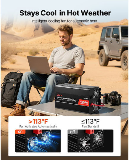 Vevor Inverter Αυτοκινήτου Καθαρού Ημιτόνου 4000W για Μετατροπή 12V DC σε 230V AC