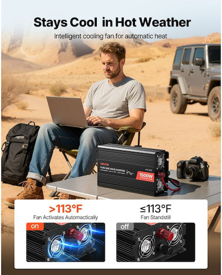 Vevor Car Inverter Pure Sinewave 1500W to Converter 12V DC in 230V AC