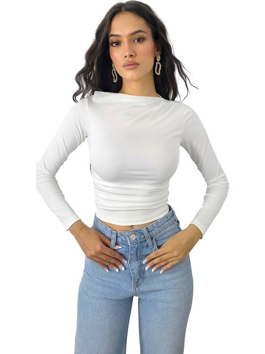 Bluza Damă Crop Top Satin Mânecă Lungă Alb