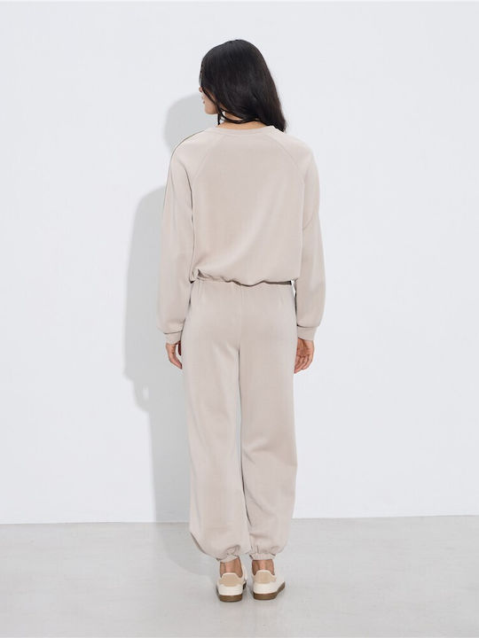 Damen Ecru Set mit Hoch tailliert Hose mit Gummizug in Entspannter Passform
