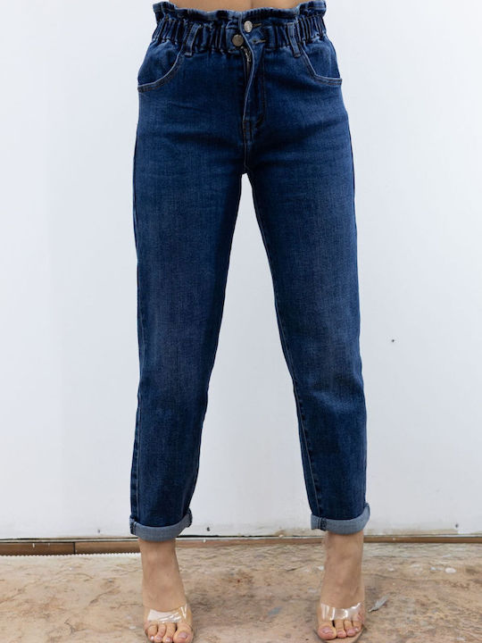 High Waist Women's Jean Trousers in Paperbag Fit Blue