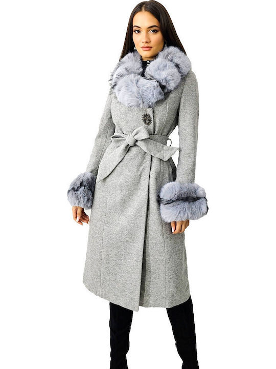 Damen Gray Mantel mit Fellbesatz