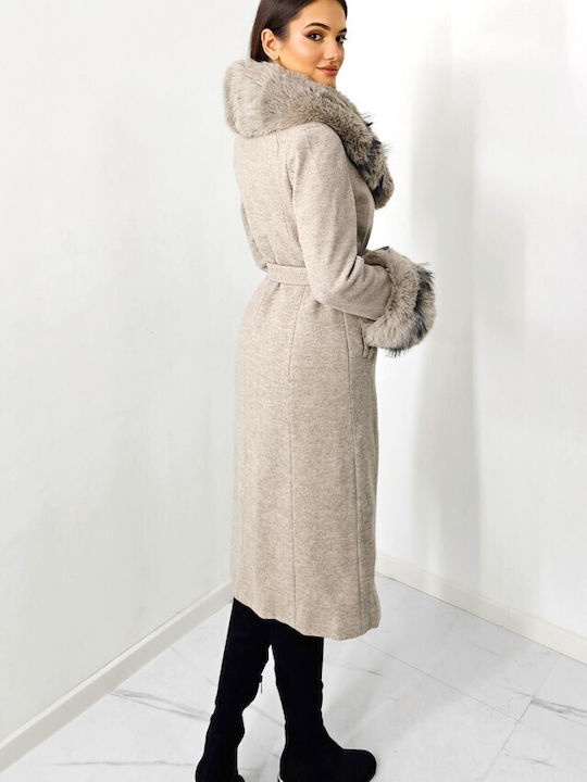 Wool Women's Cream Coat with Fur Details