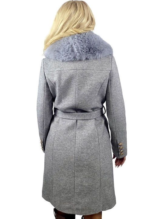 Wolle Damen Gray Mantel mit Fellbesatz