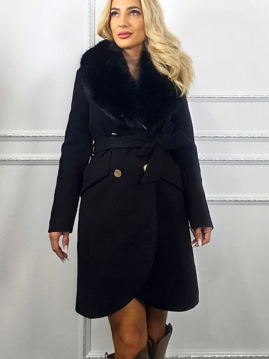 Wolle Damen Black Mantel mit Fellbesatz