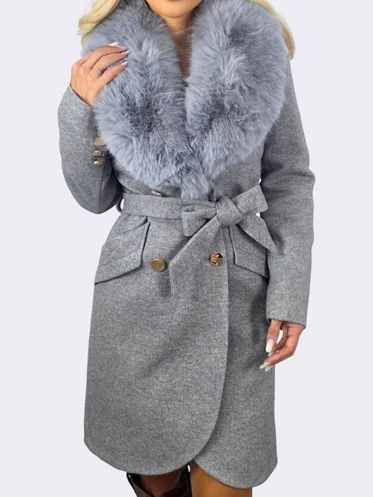 Wolle Damen Gray Mantel mit Fellbesatz