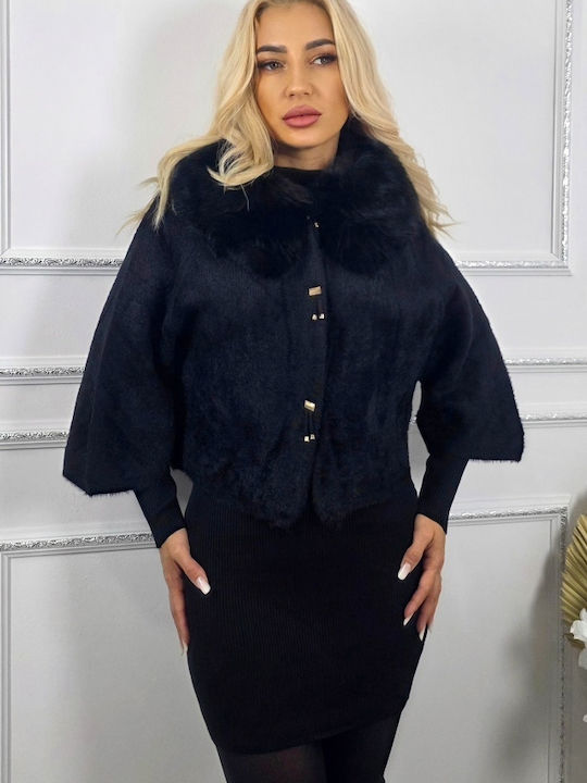 Damen Black Cape mit Fellbesatz