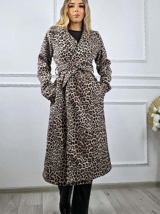Кожа Дамско Леопард Cream Leopard Палто с кожени детайли
