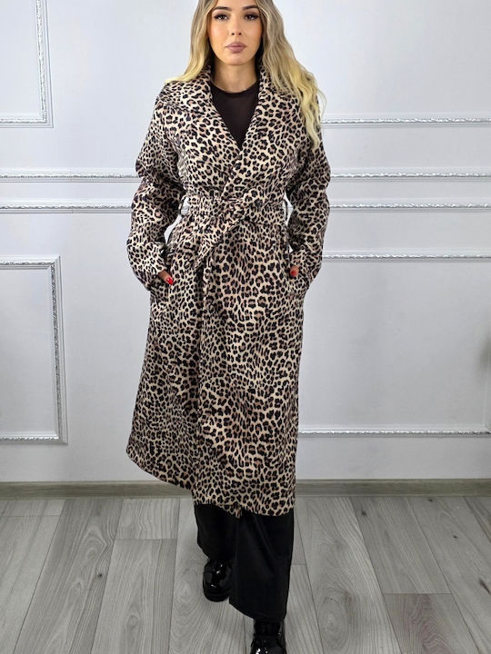 Кожа Дамско Леопард Cream Leopard Палто с кожени детайли
