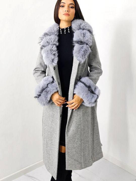 Damen Gray Mantel mit Fellbesatz