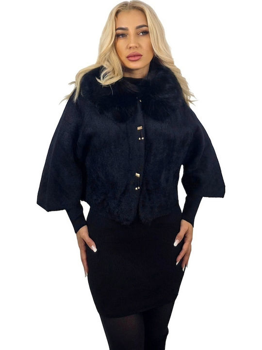 Damen Black Cape mit Fellbesatz