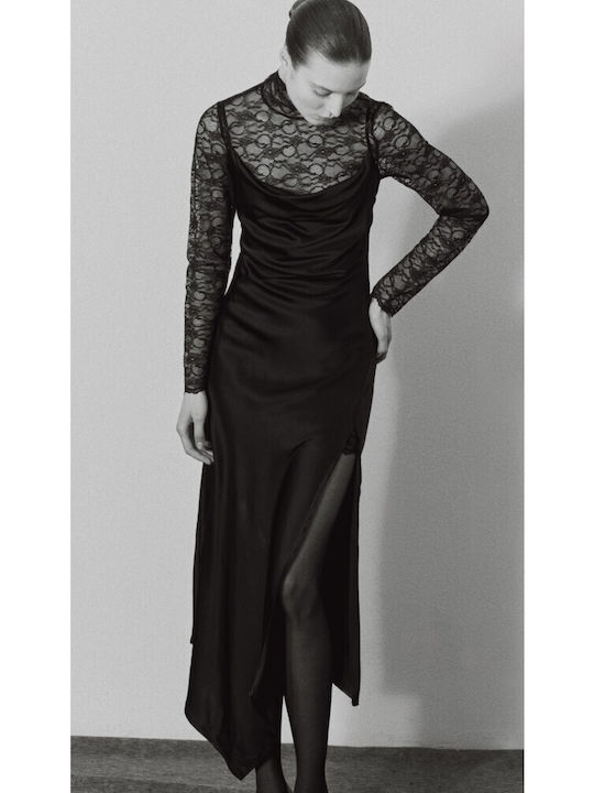 Maxi Evening Satin Dress with Lace and Tearing Black