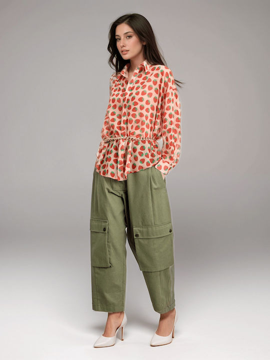 Langärmelig Damen Hemd Beige Druck