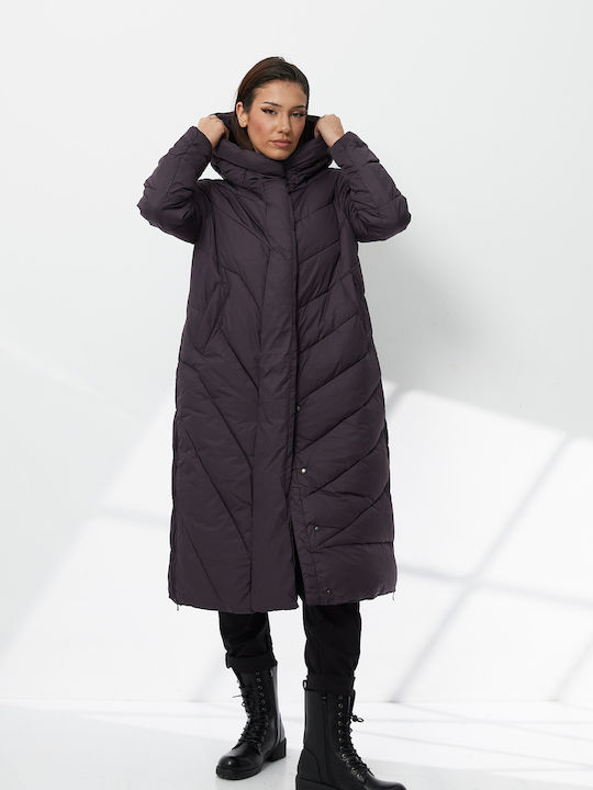 Women's Long Puffer Jacket for Winter with Hood Purple