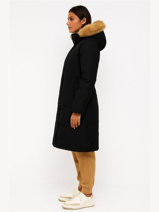 Women's Long Parka Jacket for Winter with Hood Black
