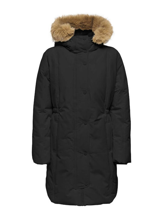 Women's Long Parka Jacket for Winter with Hood Black