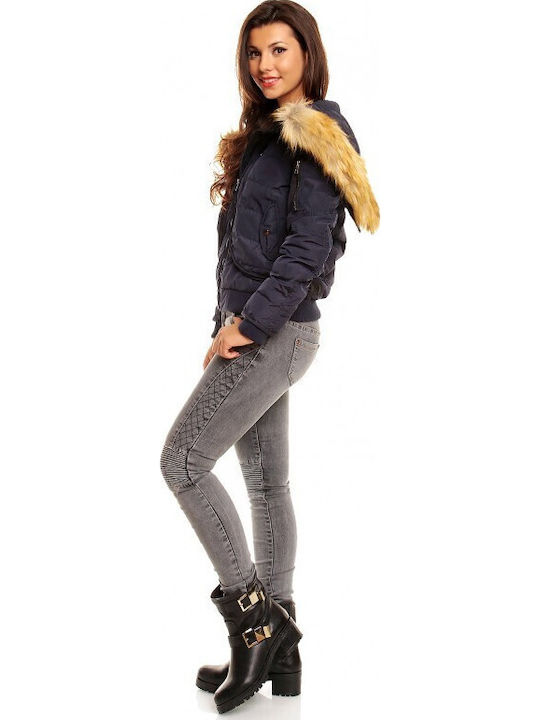 Damen Puffer Jacke mit pelziger Kapuze für Winter Blue