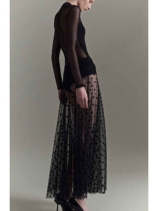 Maxi Skirt with Tulle Polka Dot Black