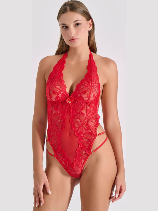 Milena Women's String Bodysuit Lace & Tulle Red
