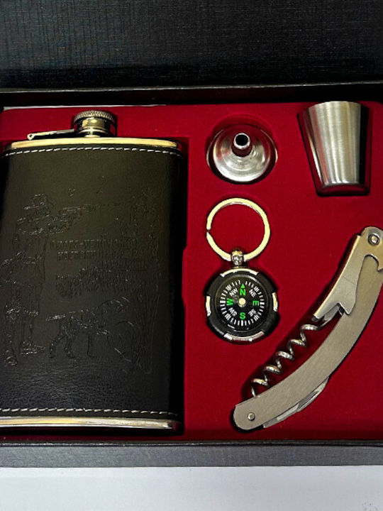 Vlv Men's Gift Set 5 Pieces Flask Compass Keychain Glass Funnel Corkscrew Black