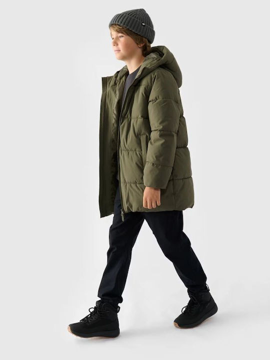 Waterproof Kids' Quilted Jacket with Lining & Hood Khaki