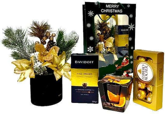 Pachet De Crăciun Aranjament Floral De Crăciun Praline Ferrero Rocher Lumânare Parfumată Cu Cafea Davidoff Ambalat În Pungă Cadou Negru-Auriu