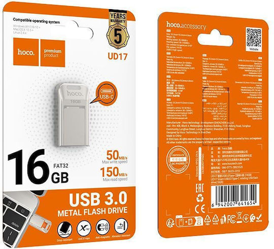 Hoco Pendrive 16GB USB 2.0 Stick with connection USB-A & USB-C Silver
