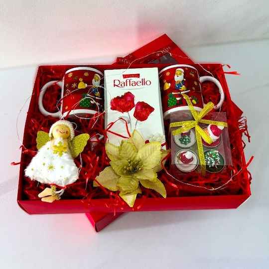 Pachet De Familie De Crăciun Lumânări Decorative Festive Două Căni Cu Design De Crăciun Praline Raffaello Ornament Înger Accesorii Decorative Pentru Brad În Cutie 35x25x8cm
