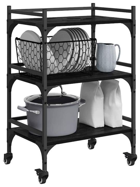 vidaXL Wooden Kitchen Trolley 3 Tiers Black 50x35x75.5cm