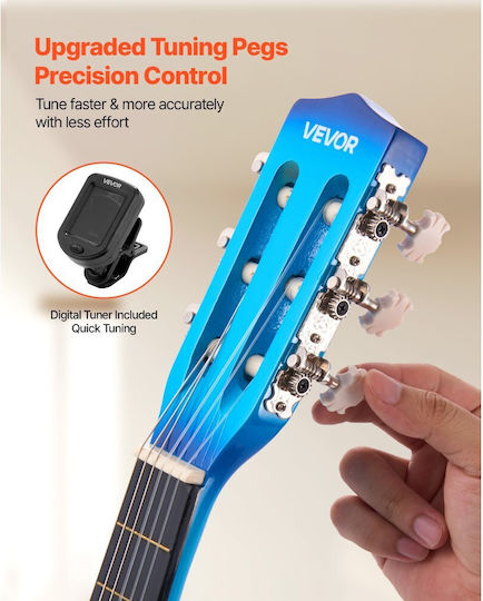 Vevor Classical Guitar 780 Mm Wooden Classical Guitar Starter Set Beginners Nylon Strings Carrying Case Strap Tuner Extra Strings Picks Capo Linden Wood Children Girls Boys Students Blue