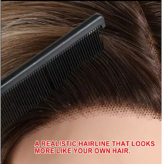 Damen Perücke Full Lace 13x4 Unsichtbare Anwendung Kastanie Highlights Synthetisches Haar Hochwertige 20 Zoll